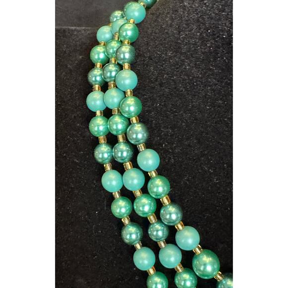 Vintage Mint-Teal Triple Strand Beaded Necklace – 13" Choker + 3" Extender N52 - Picture 2 of 4